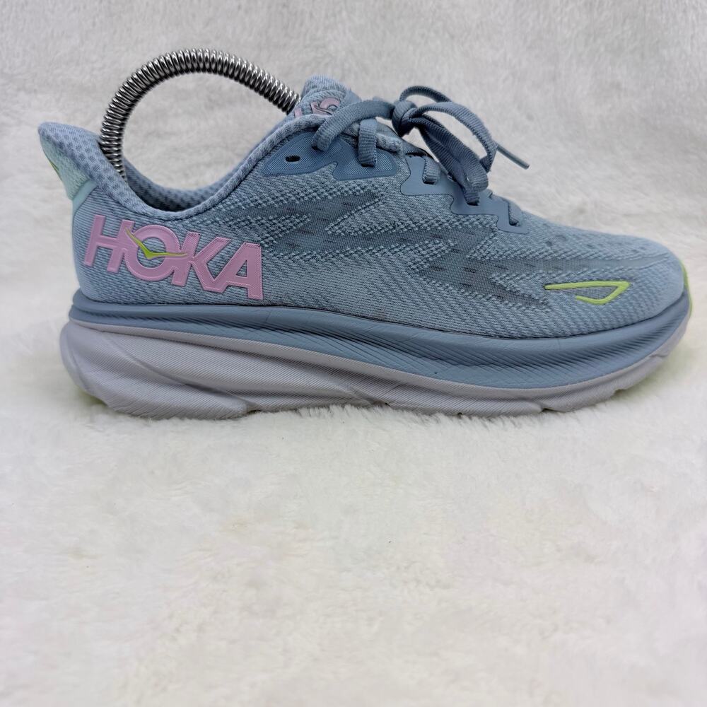 HOKA Clifton 9 Womens Running Walking Shoes Blue Pink Lime Size 7.5 Cushion